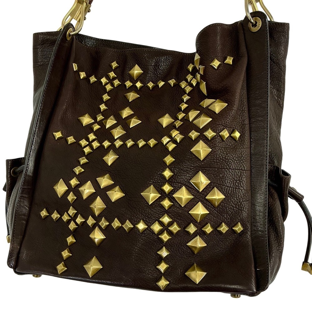 VTG Michael Kors Studded Leather Hobo Dark Brown Bag Gold Hardware Italy Made‎ - Picture 3 of 16